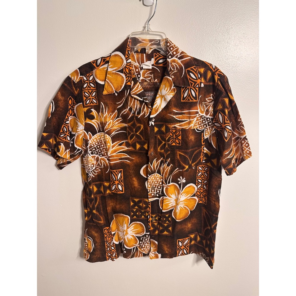 Vintage Made in Hawaii Barkcloth Aloha Shirt Brown Orange Pineapple Floral L 220